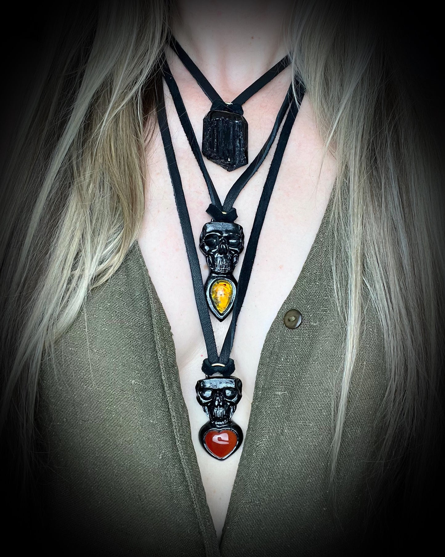 Black Tourmaline grounding and protection talisman, perfect Halloween or Holiday Gift or everyday talisman for emf protection and magic. Necklace hung from black recycled silk or organic leather for ecofriendly dark luxury. 