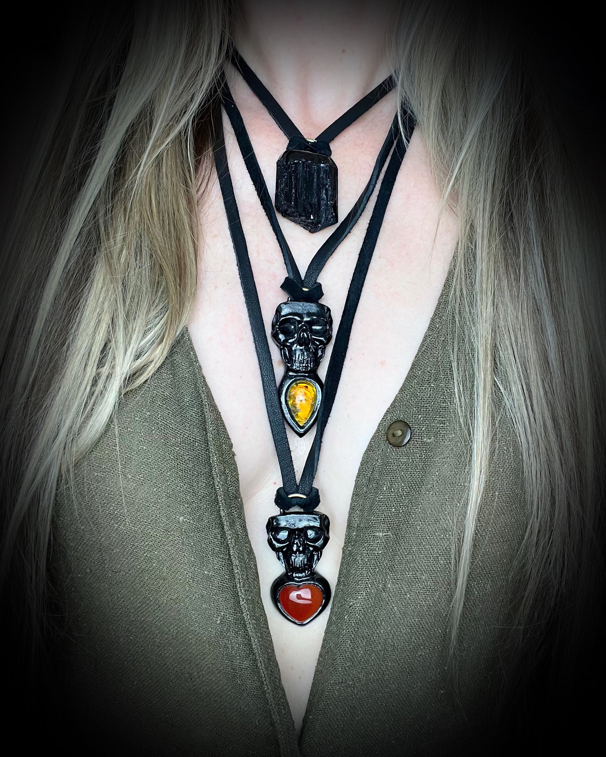 Black Tourmaline grounding and protection talisman, perfect Halloween or Holiday Gift or everyday talisman for emf protection and magic. Necklace hung from black recycled silk or organic leather for ecofriendly dark luxury. 
