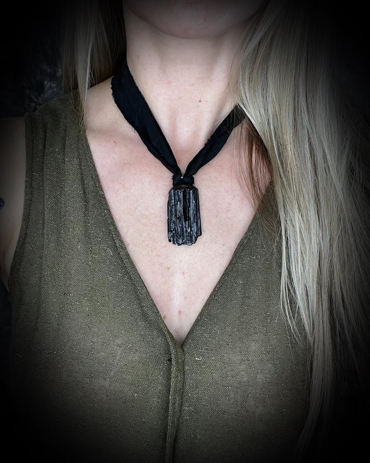 Black Tourmaline grounding and protection talisman, perfect Halloween or Holiday Gift or everyday talisman for emf protection and magic. Necklace hung from black recycled silk or organic leather for ecofriendly dark luxury.