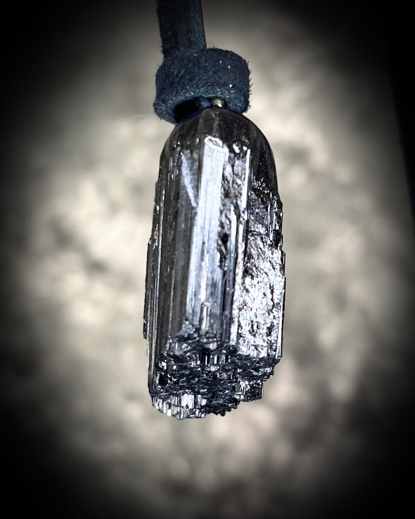 Black Tourmaline grounding and protection talisman, perfect Halloween or Holiday Gift or everyday talisman for emf protection and magic. Necklace hung from black recycled silk or organic leather for ecofriendly dark luxury. 