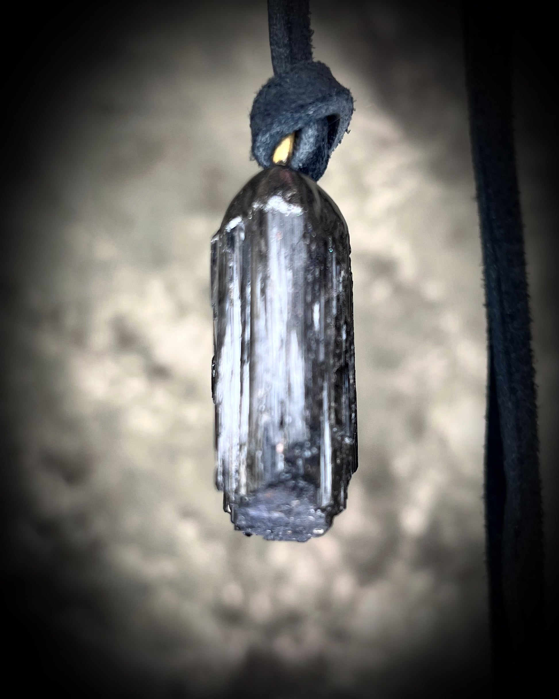 Black Tourmaline grounding and protection talisman, perfect Halloween or Holiday Gift or everyday talisman for emf protection and magic. Necklace hung from black recycled silk or organic leather for ecofriendly dark luxury. 
