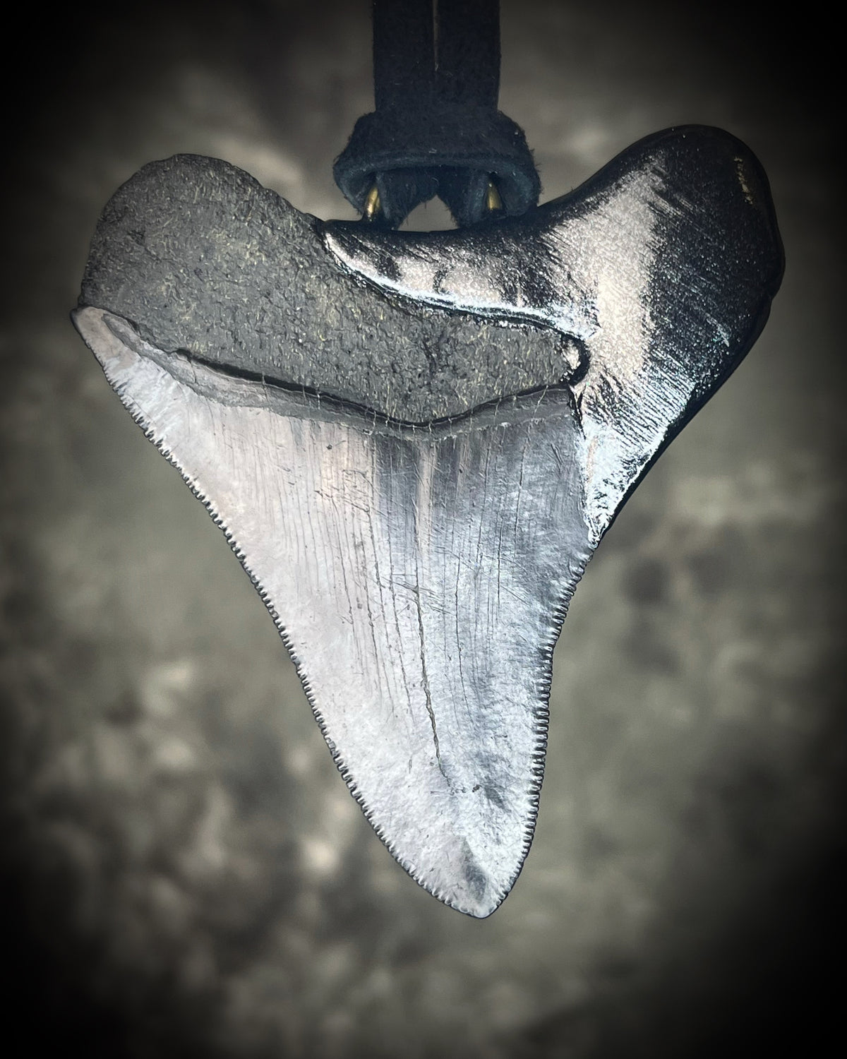 Black megalodon tooth talisman with a glowing green moss agate teardrop focal stone in a sculptural black-finish setting on black leather, handmade by Become Spellbound in Baltimore, Maryland.