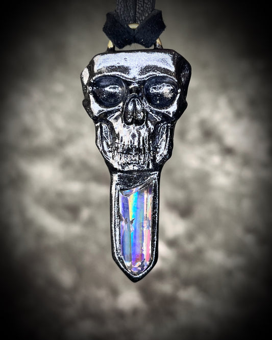 Black rainbow quartz crystal skull necklace on black leather.  Macabre gothic jewelry for her, halloween gemstone jewelry for fall 2025 gift for him.