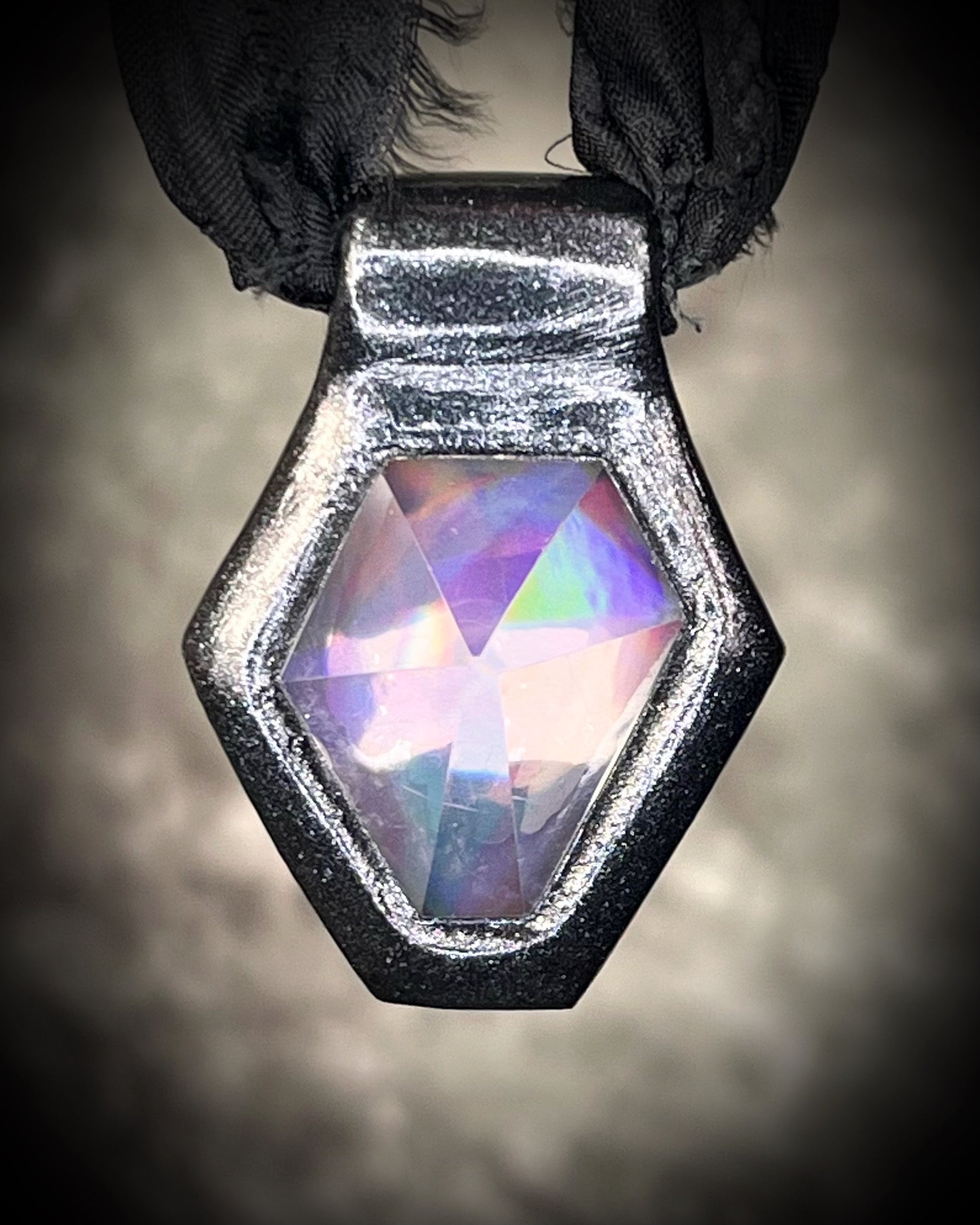 Black rainbow quartz hexagon gemstone talisman necklace in gold or dark frame, witchy rockstar statement crystal pendant jewelry handmade in Baltimore Maryland