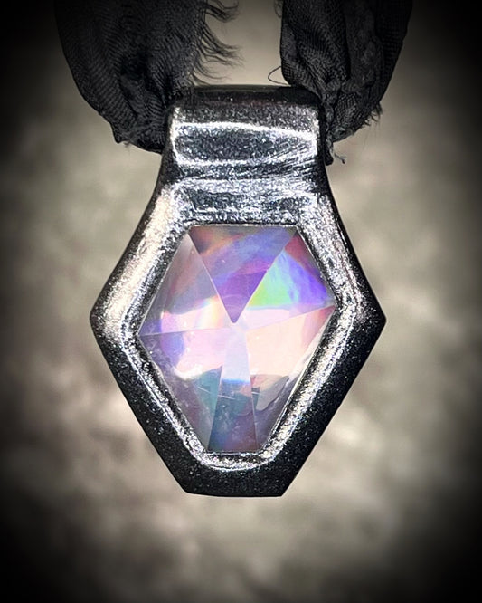 Black rainbow quartz hexagon gemstone talisman necklace in gold or dark frame, witchy rockstar statement crystal pendant jewelry handmade in Baltimore Maryland
