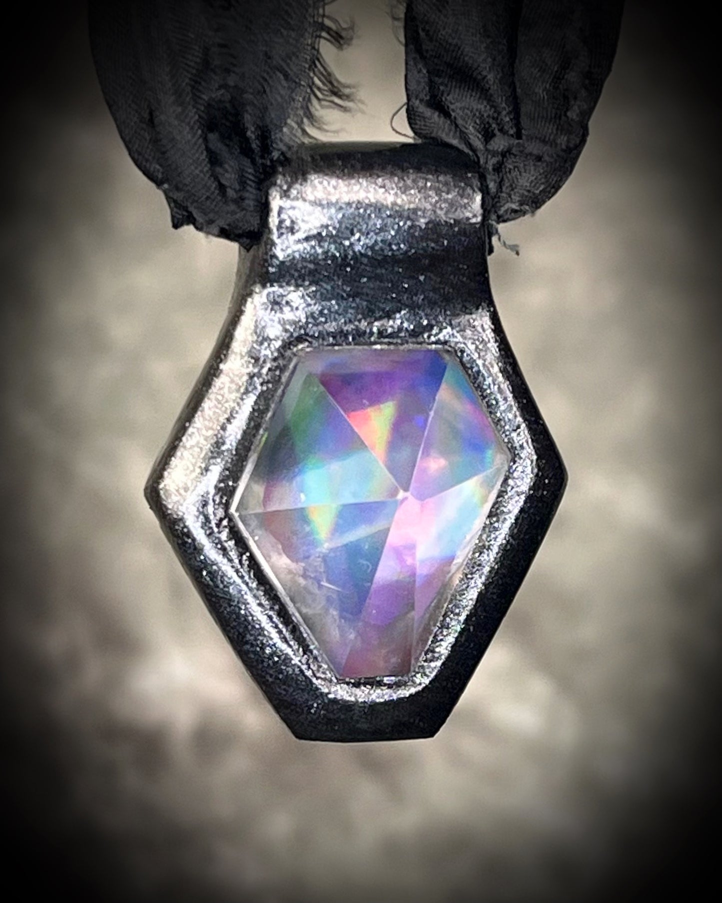 Black rainbow quartz hexagon gemstone talisman necklace in gold or dark frame, witchy rockstar statement crystal pendant jewelry handmade in Baltimore Maryland
