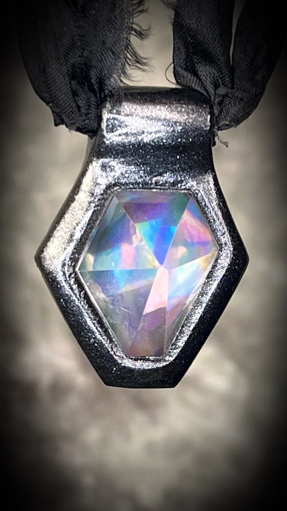 Black rainbow quartz hexagon gemstone talisman necklace in gold or dark frame, witchy rockstar statement crystal pendant jewelry handmade in Baltimore Maryland 
