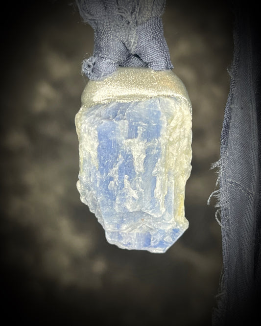 Blue Kyanite raw natural gemstone necklace in a silver finish on grey recycled silks. Fall gift for her. 