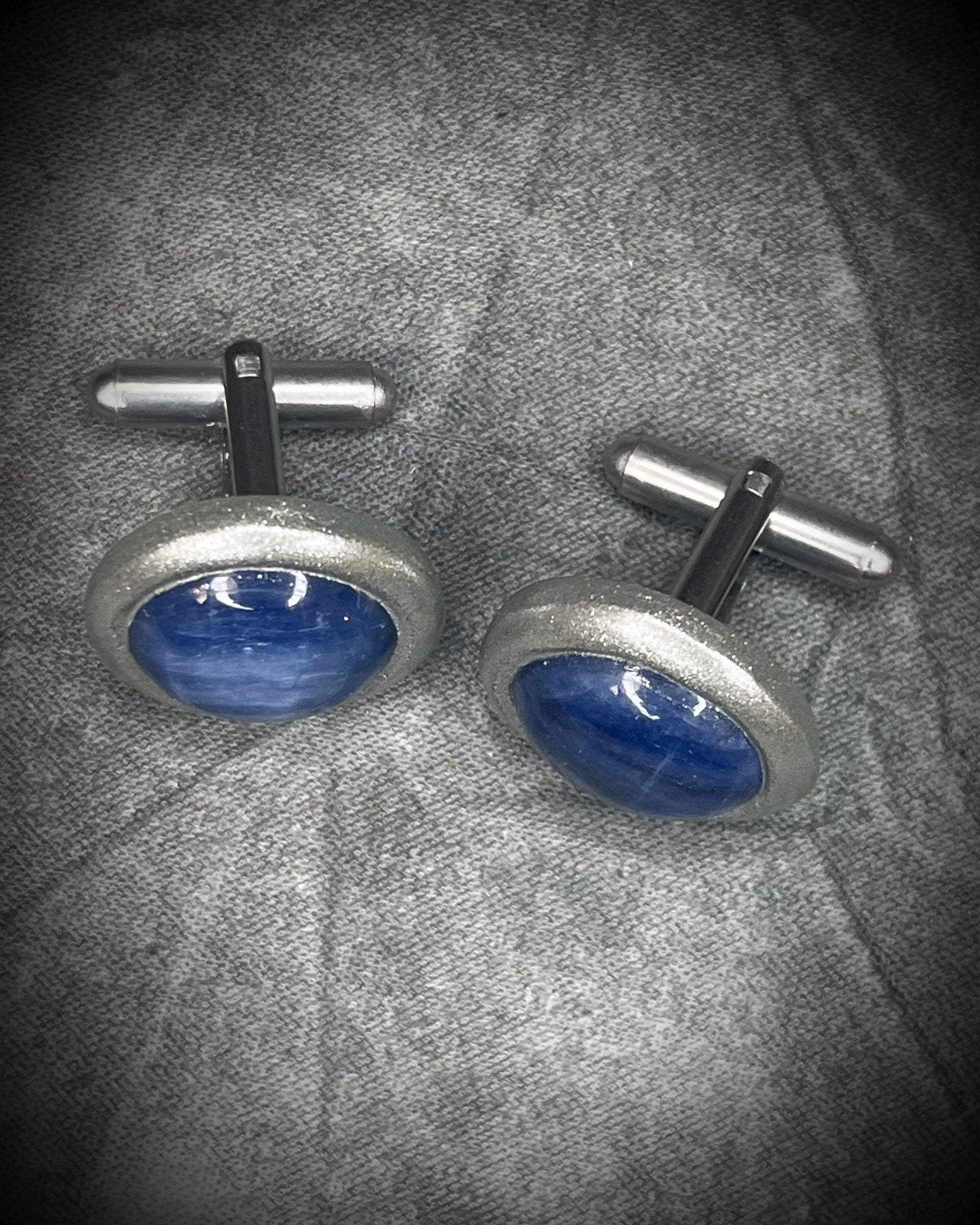 Blue kyanite crystal cufflinks with natural blue crystal blades and stainless steel findings, handmade by Become Spellbound.