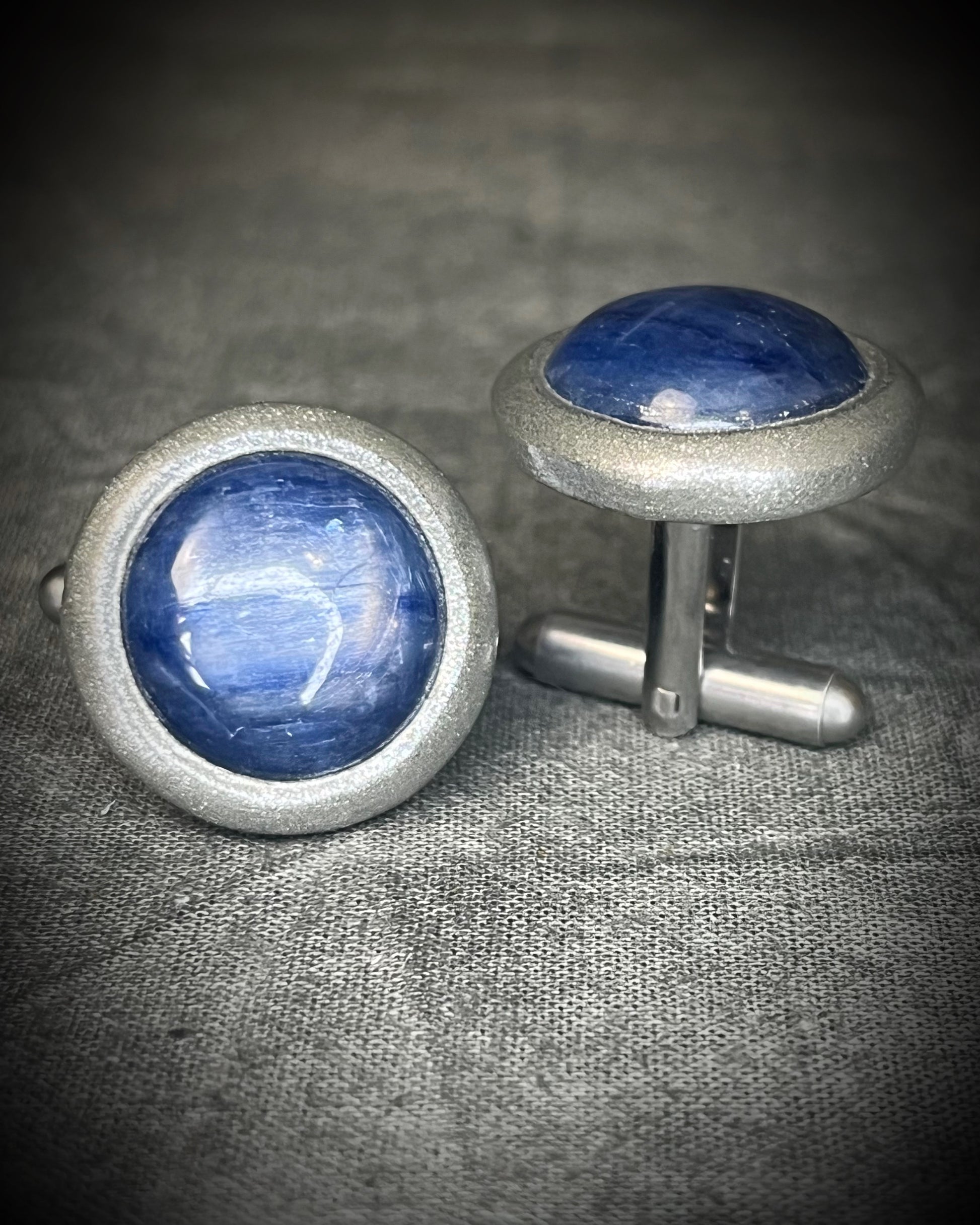 Blue kyanite crystal cufflinks with natural blue crystal blades and stainless steel findings, handmade by Become Spellbound.