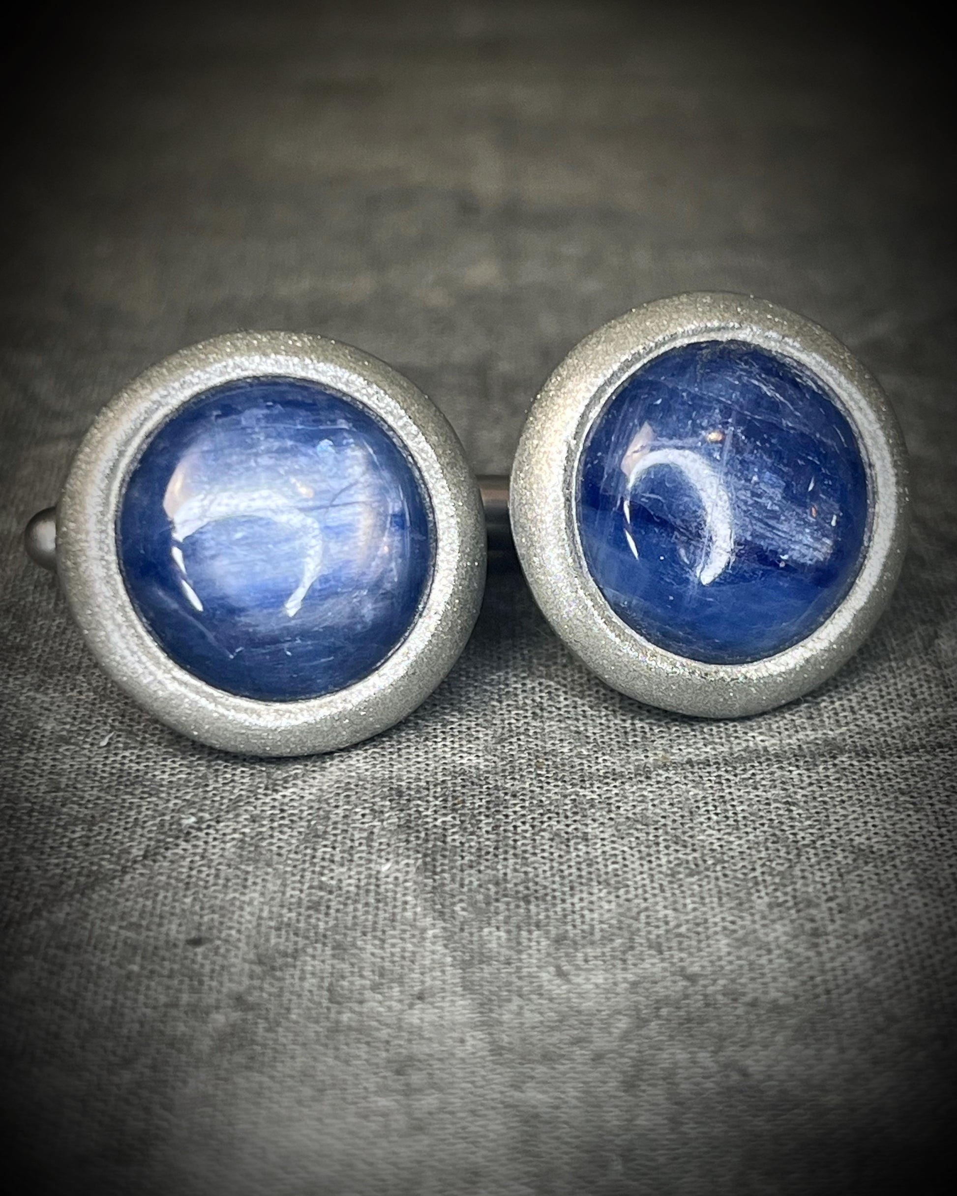 Blue kyanite crystal cufflinks with natural blue crystal blades and stainless steel findings, handmade by Become Spellbound.