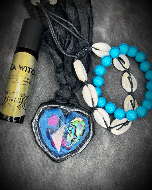 SEA WITCH _ DEEP SEA SAPPHIRE: Sea Witches & Sirens Collection by Become Spellbound x Lunar Spark Shop, Gift Set with Scented Roller Oil and Bracelet Stack