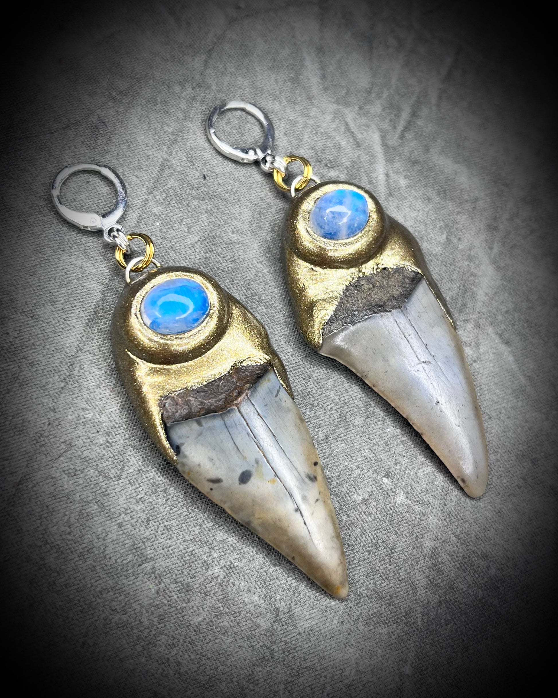Natural shark tooth fossil and moonstone gold tone with sterling silver mixed metal earrings.  Handmade in the USA, these dangle earrings will empower and inspire you!  Best gift for her. 