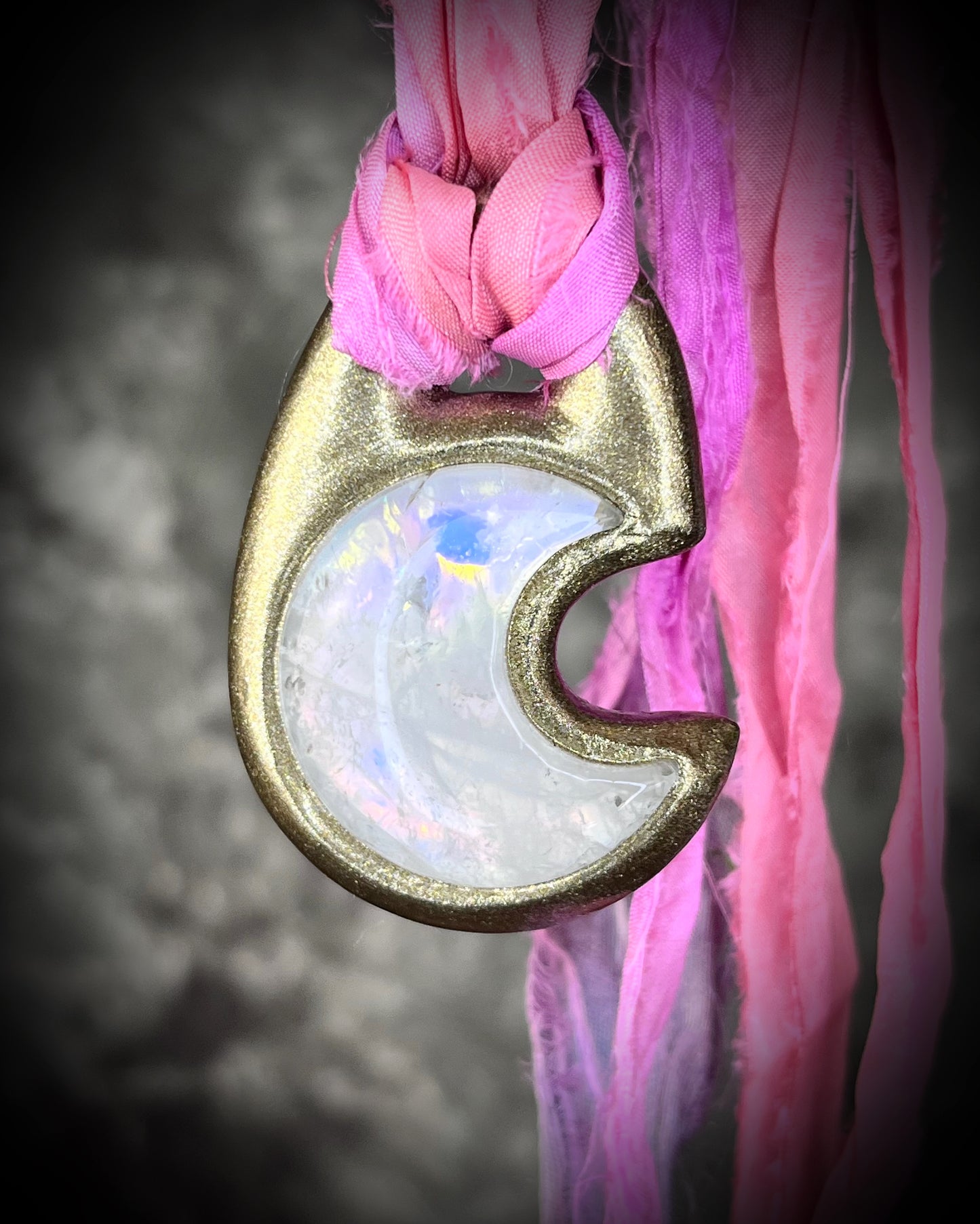 Radiant Crystal Healing quartz handmade moon goddess pendant in gold and opal finish with pink recycled silks!  Reiki Infused Jewelry, Festival, Boho, High Vibe Spiritual Necklace! 