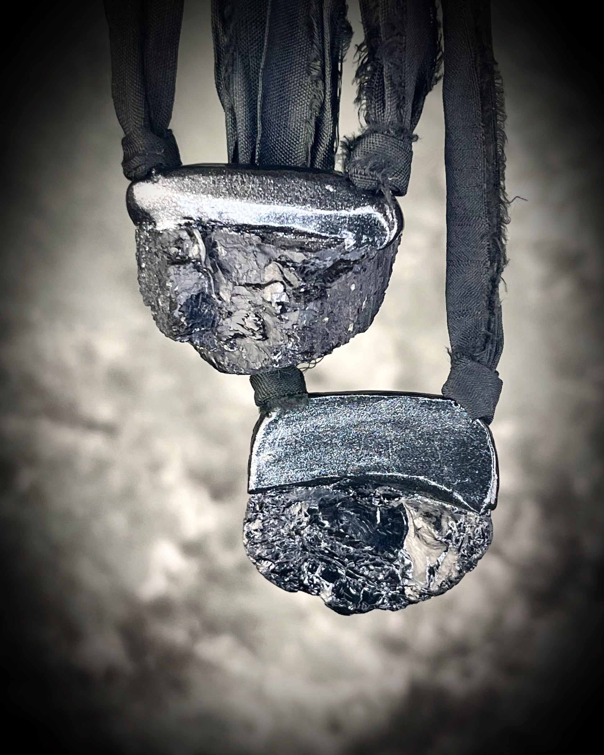 Black Tourmaline grounding and protection talisman, perfect Mothers Day Gift or everyday talisman for emf protection and magic, hung from black recycled silk for ecofriendly dark luxury. 