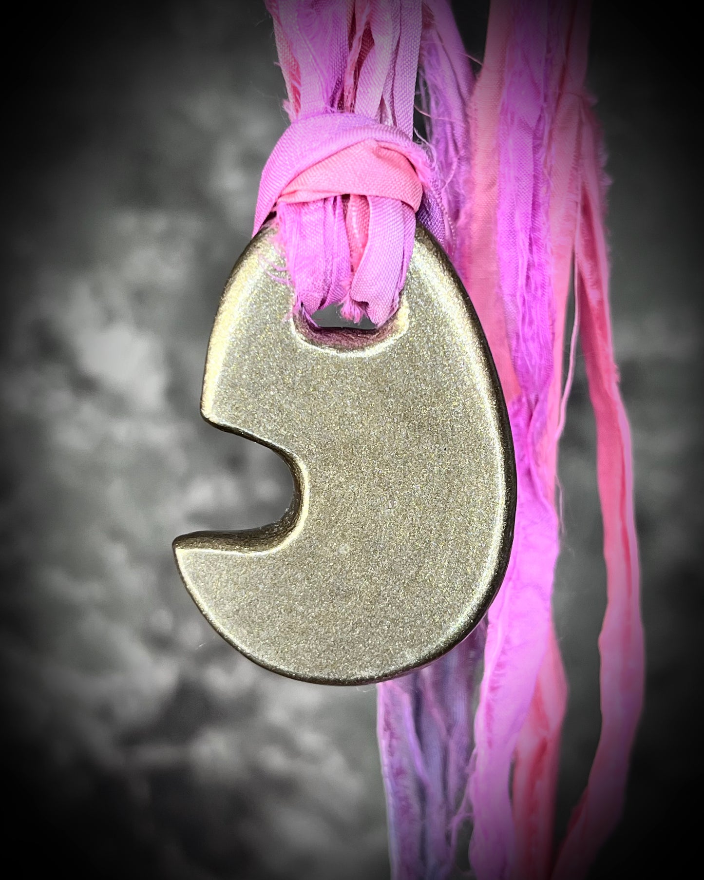 Radiant Crystal Healing quartz handmade moon goddess pendant in gold and opal finish with pink recycled silks!  Reiki Infused Jewelry, Festival, Boho, High Vibe Spiritual Necklace! 