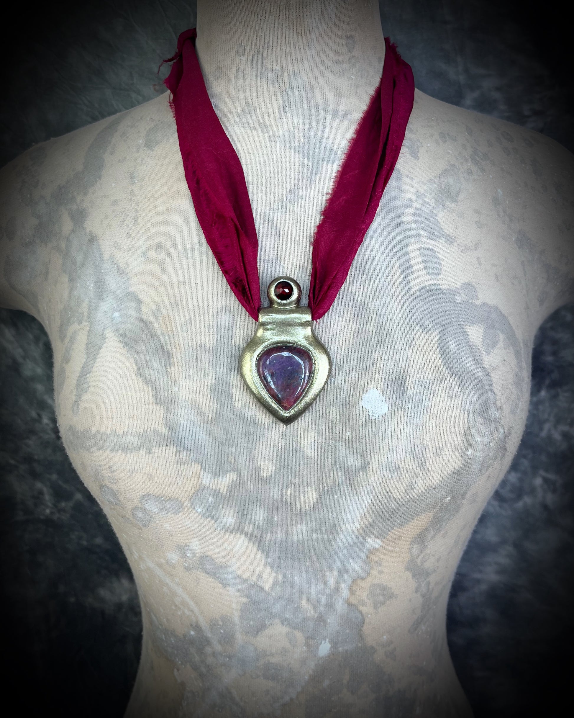 Made in the USA Raw Ruby and Garnet Birthstone Gemstone Jewelry, Gold Necklace handmade crystal healing jewelry, on eco-friendly red recycled silk. 