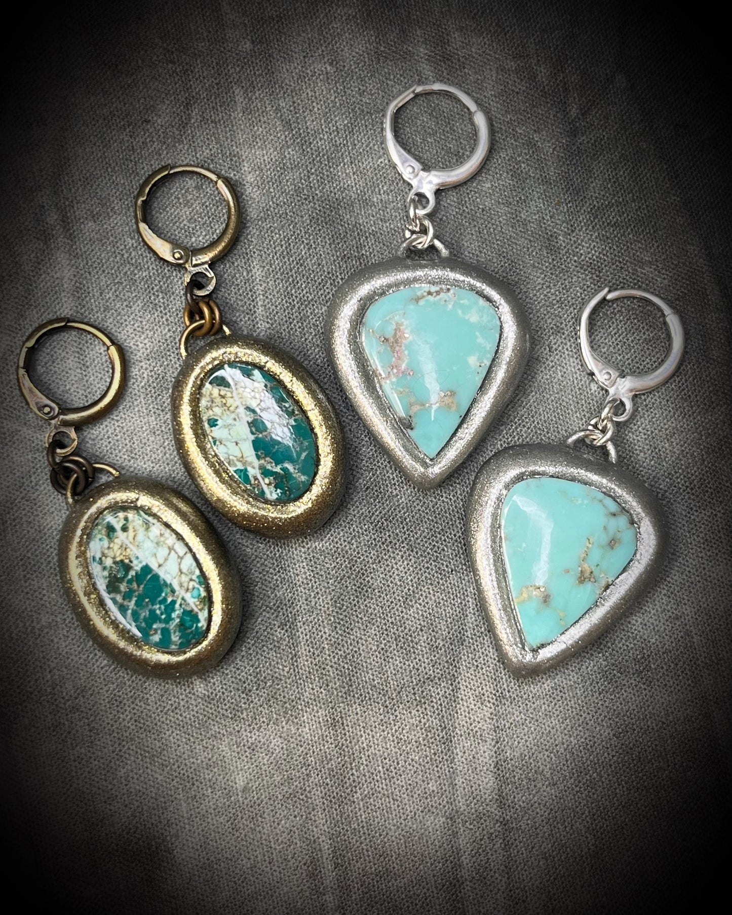 Campitos and Tibetan Turquoise earrings with silver and gold frames and sterling plated huggie hooks. Handmade crystal healing jewelry for her.  