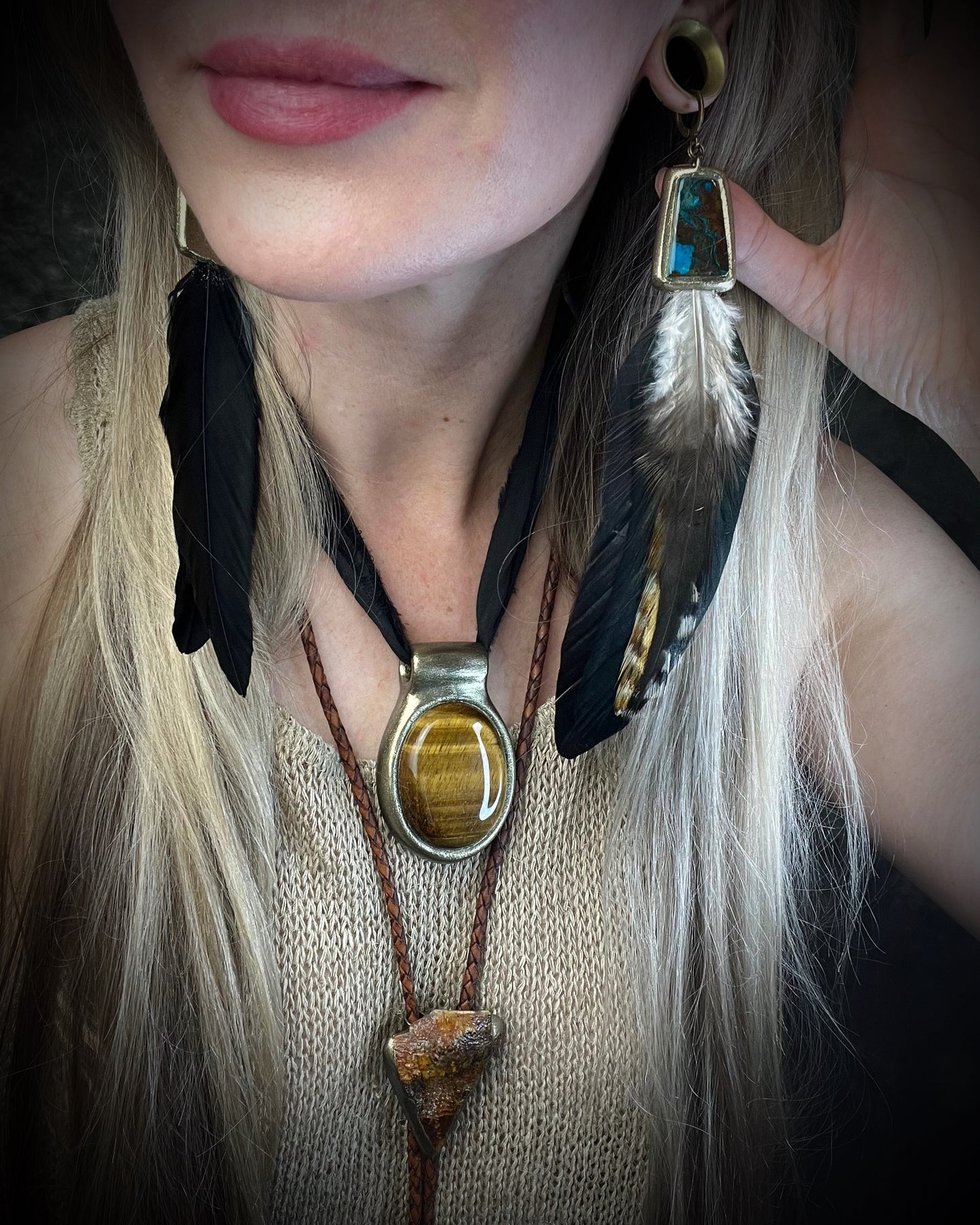 Chrysocolla and feather earrings with blue-green natural stone, gold finish, and hypoallergenic brass huggie hooks, handmade by Become Spellbound.