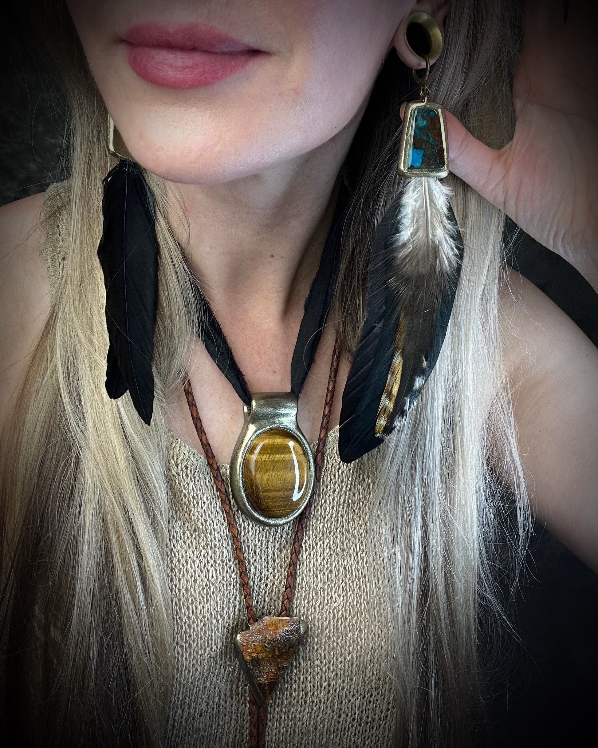 Chrysocolla and feather earrings with blue-green natural stone, gold finish, and hypoallergenic brass huggie hooks, handmade by Become Spellbound.
