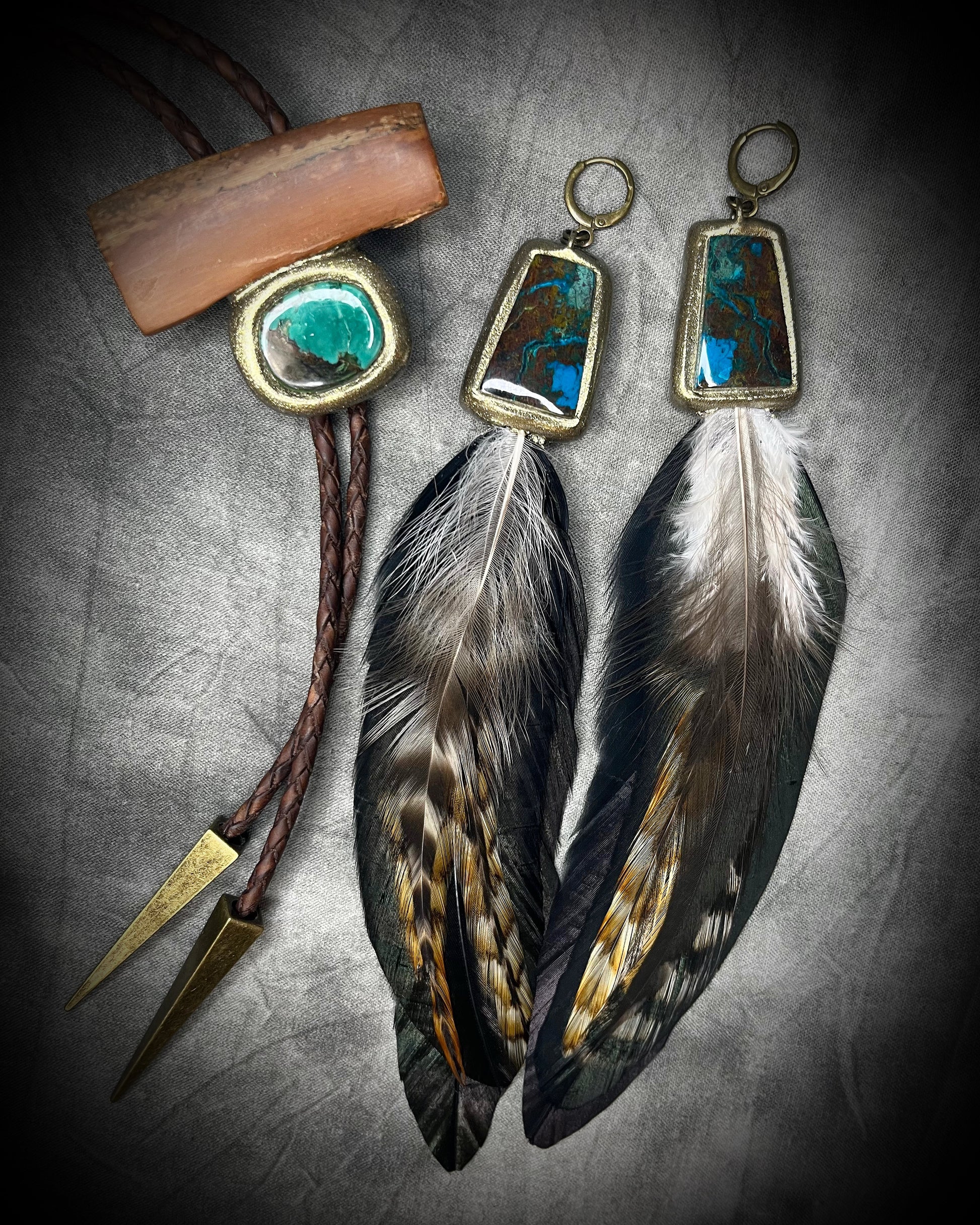 Chrysocolla and feather earrings with blue-green natural stone, gold finish, and hypoallergenic brass huggie hooks, handmade by Become Spellbound.
