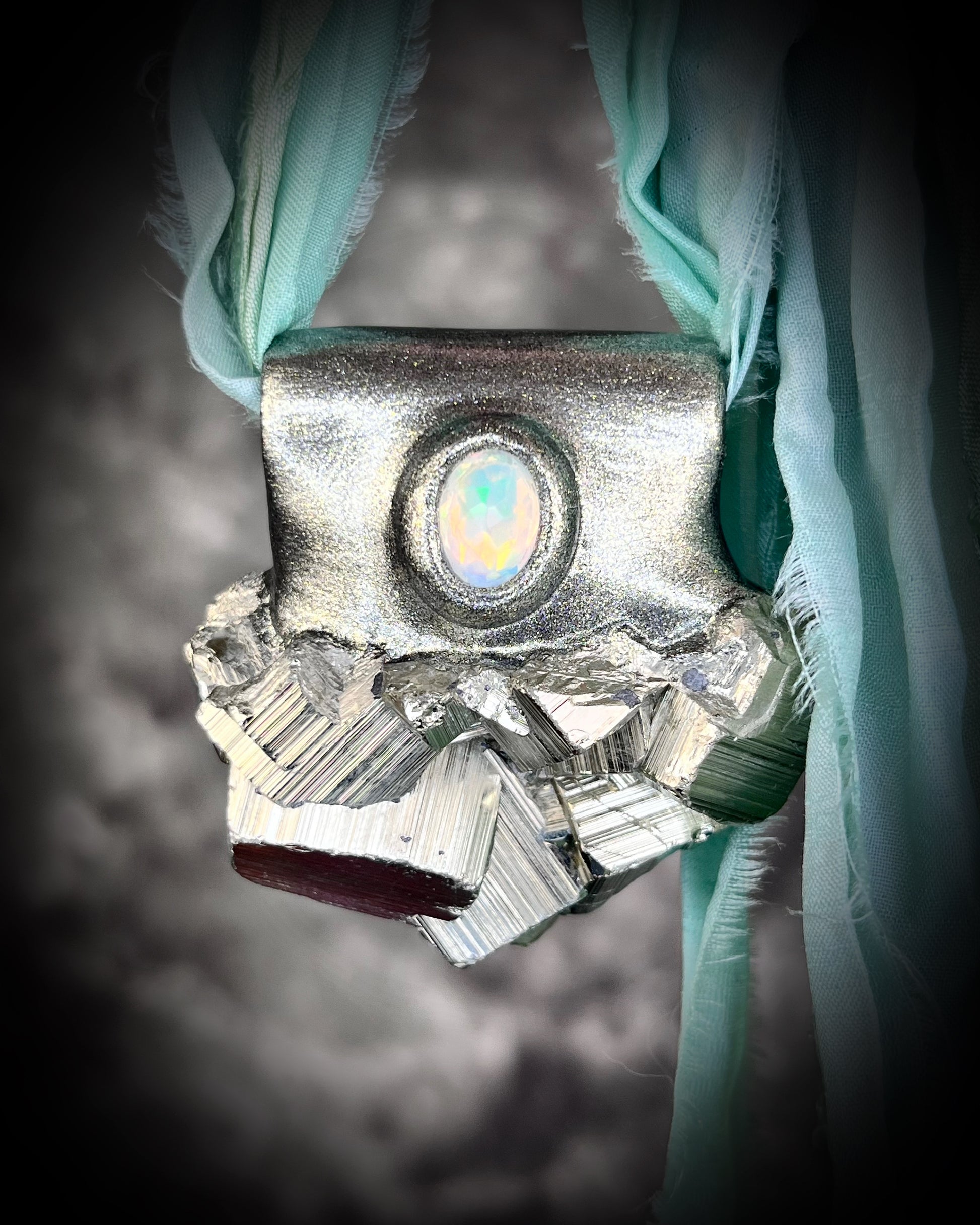 Chunky Pyrite crystal handmade necklace with Opal gemstone on aqua recycled silk for boho summer adventures and manifesting magic, modern maximalism layering jewelry for 2025