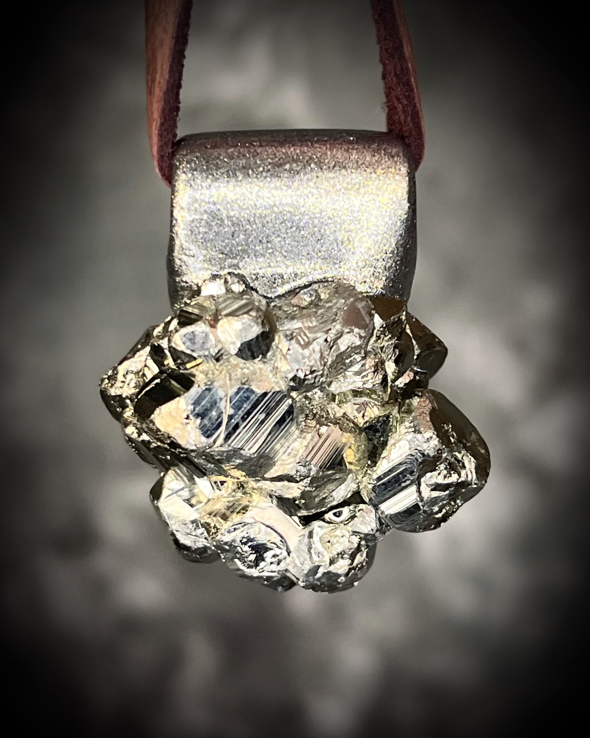 Chunky Pyrite crystal necklace handmade and hung from brown leather. Sculpttural raw gemstone jewelry for her. 