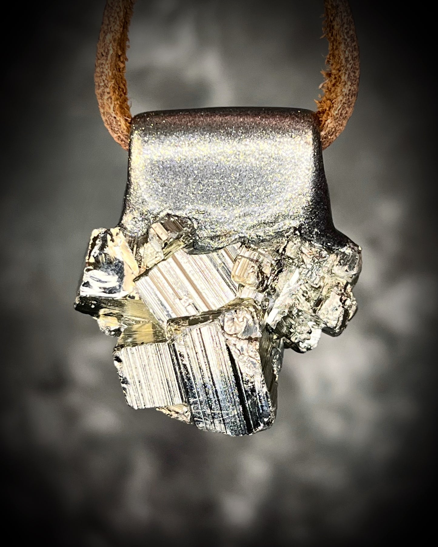 Chunky Pyrite crystal necklace handmade and hung from brown leather. Sculpttural raw gemstone jewelry for her. 