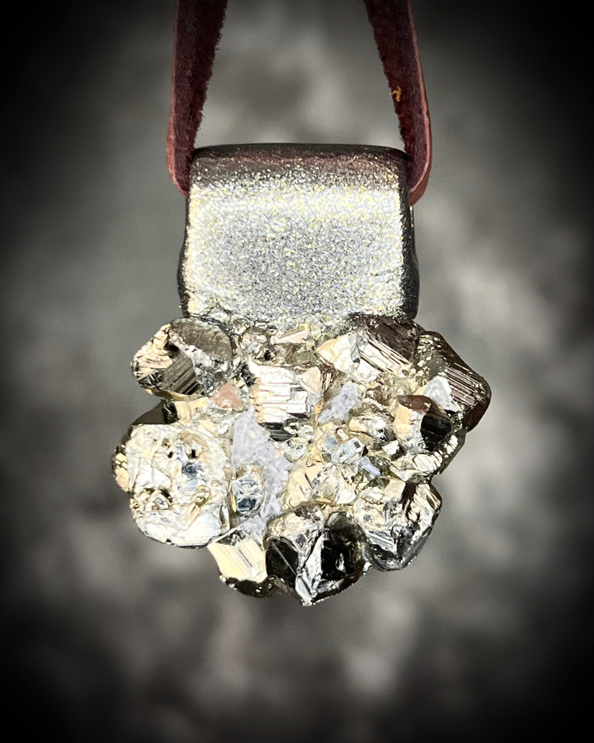 Chunky Pyrite crystal necklace handmade and hung from brown leather. Sculpttural raw gemstone jewelry for her. 