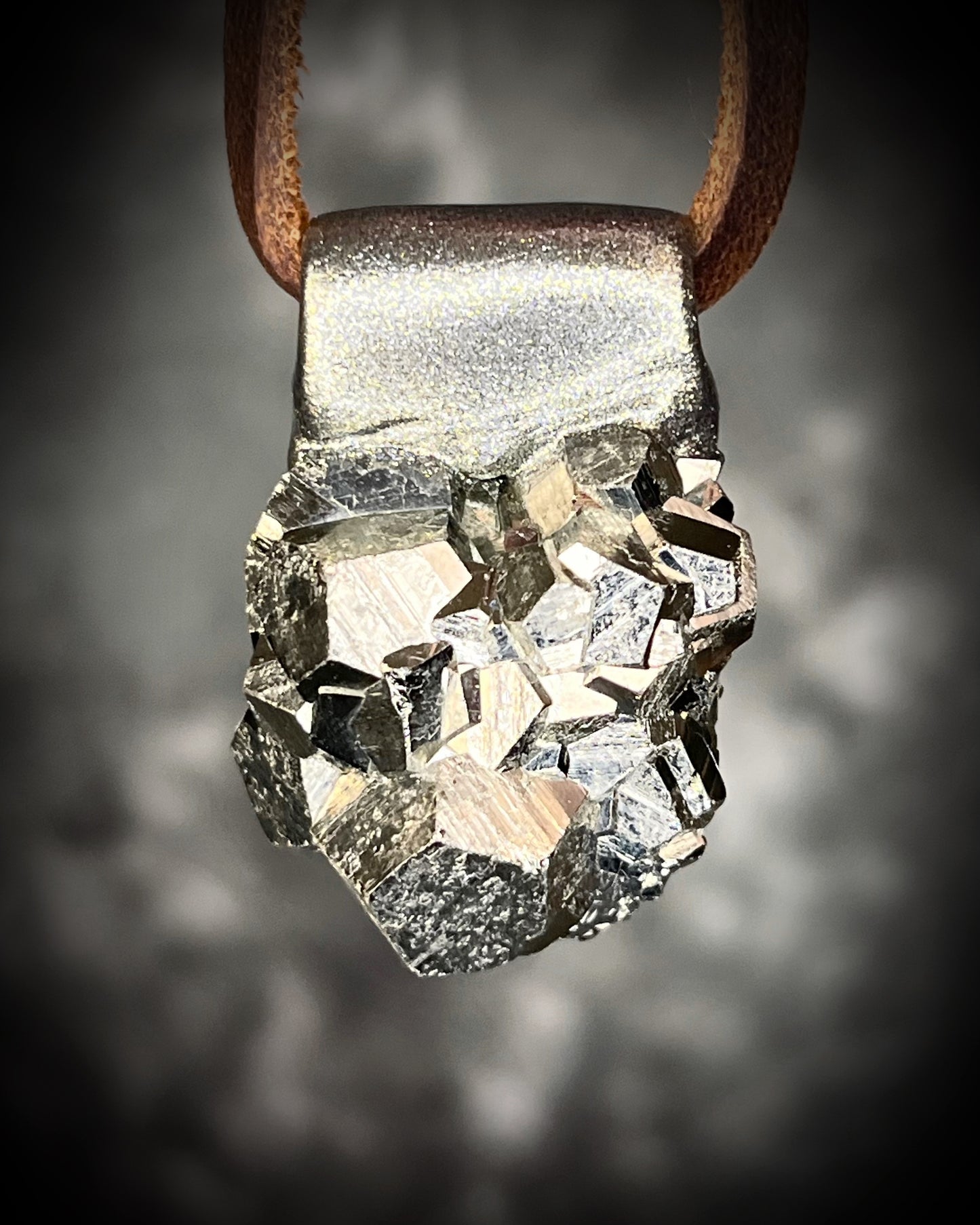Chunky Sparkling Pyrite crystal necklace handmade and hung from brown leather. Sculpttural raw gemstone jewelry for her. Manifestation pendant, wearable magic. 