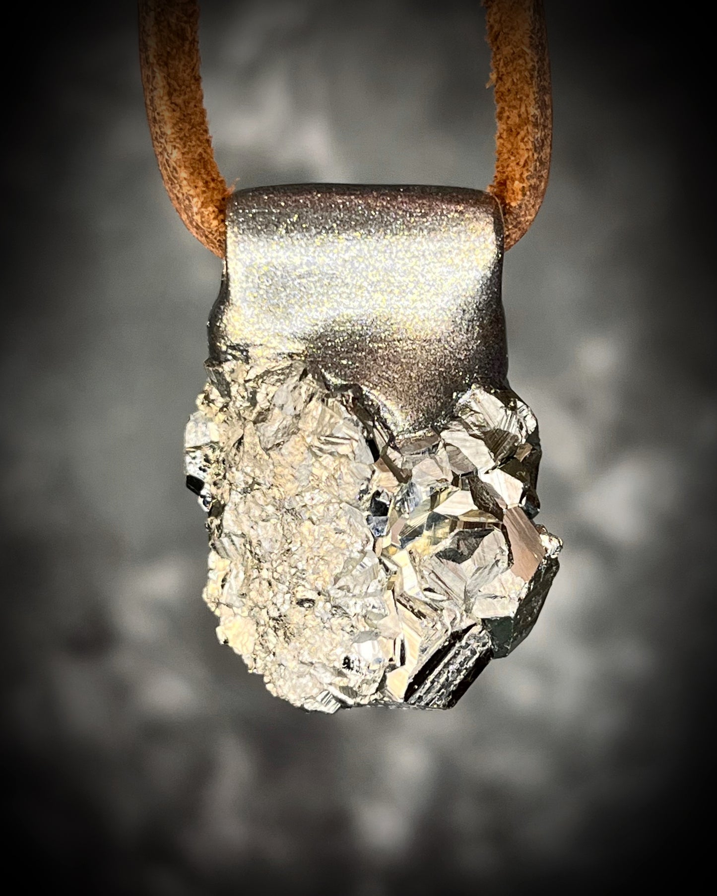 Chunky Sparkling Pyrite crystal necklace handmade and hung from brown leather. Sculpttural raw gemstone jewelry for her. Manifestation pendant, wearable magic. 
