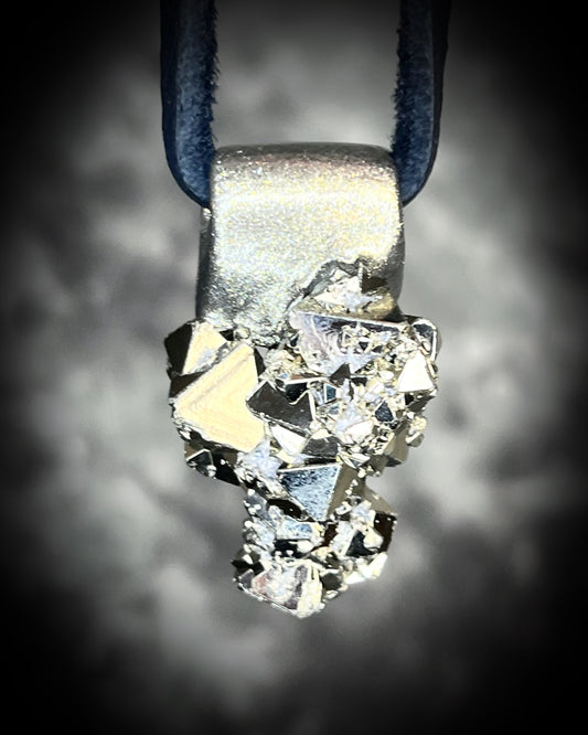 Chunky geometric pyrite gemstone pendant necklace on black leather cord, raw crystal talisman jewelry, holiday statement necklace gift for her.