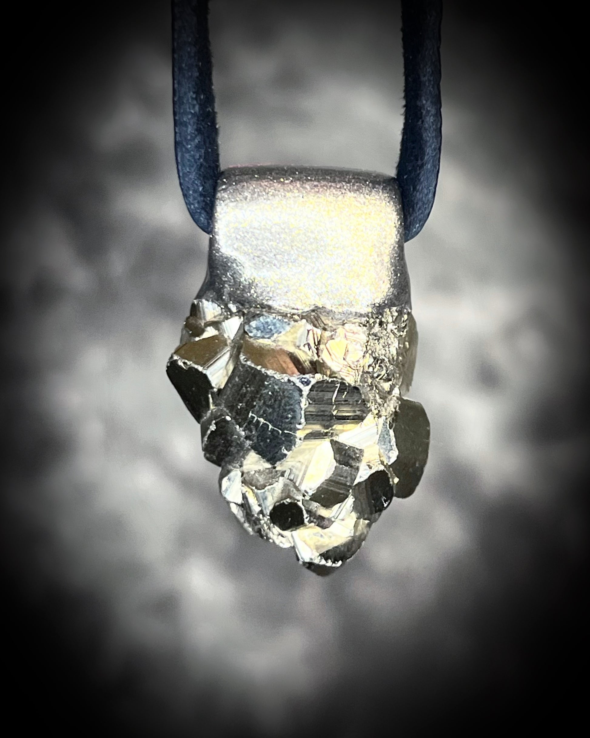 Chunky pyrite pendant necklace on black leather cord, raw crystal talisman jewelry, bold statement necklace with metallic gold healing stone.
