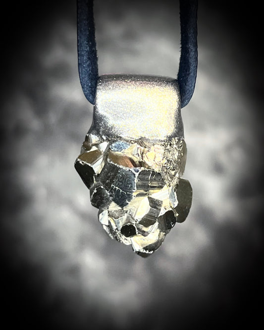 Chunky pyrite pendant necklace on black leather cord, raw crystal talisman jewelry, bold statement necklace with metallic gold healing stone.