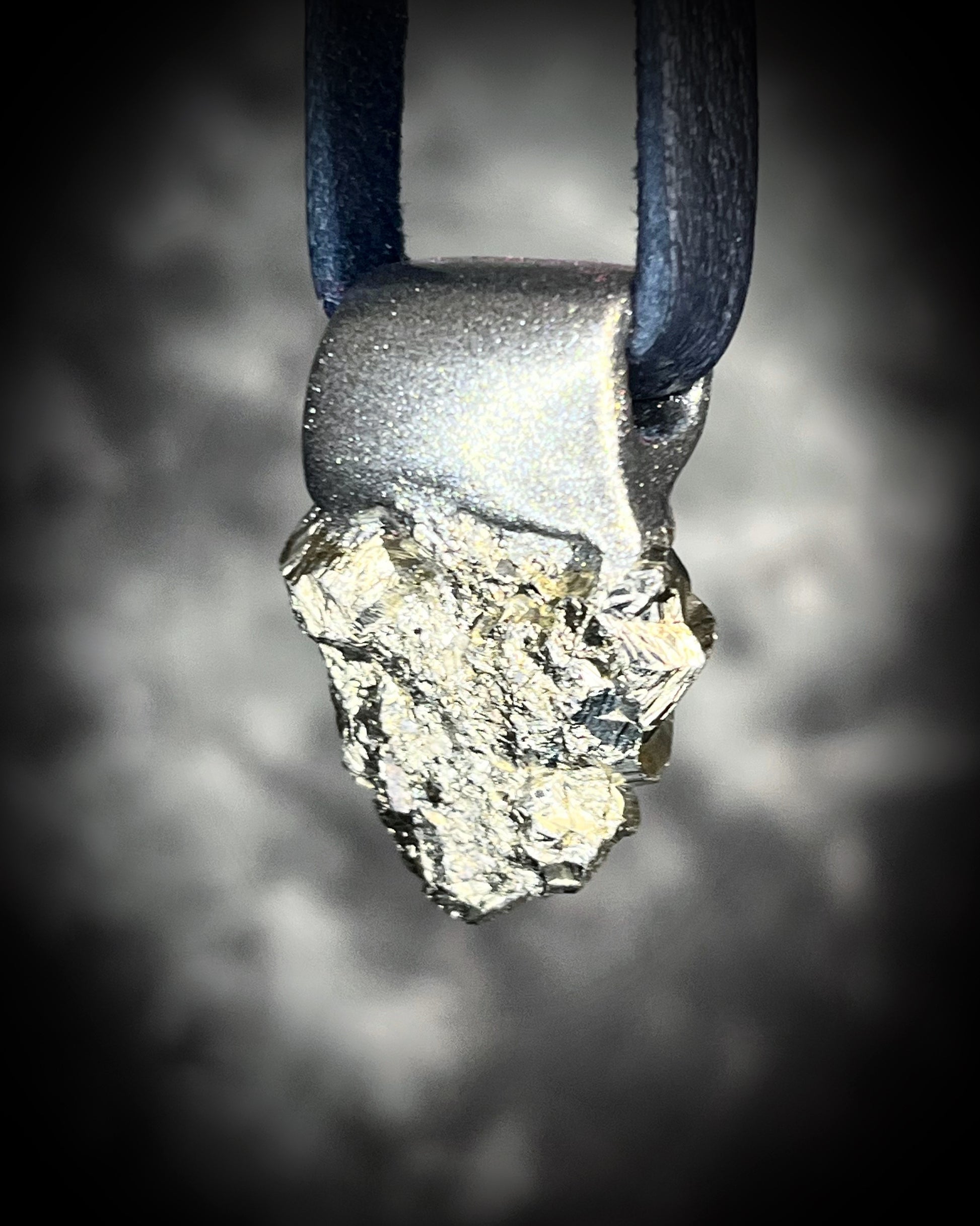 Chunky pyrite pendant necklace on black leather cord, raw crystal talisman jewelry, bold statement necklace with metallic gold healing stone.