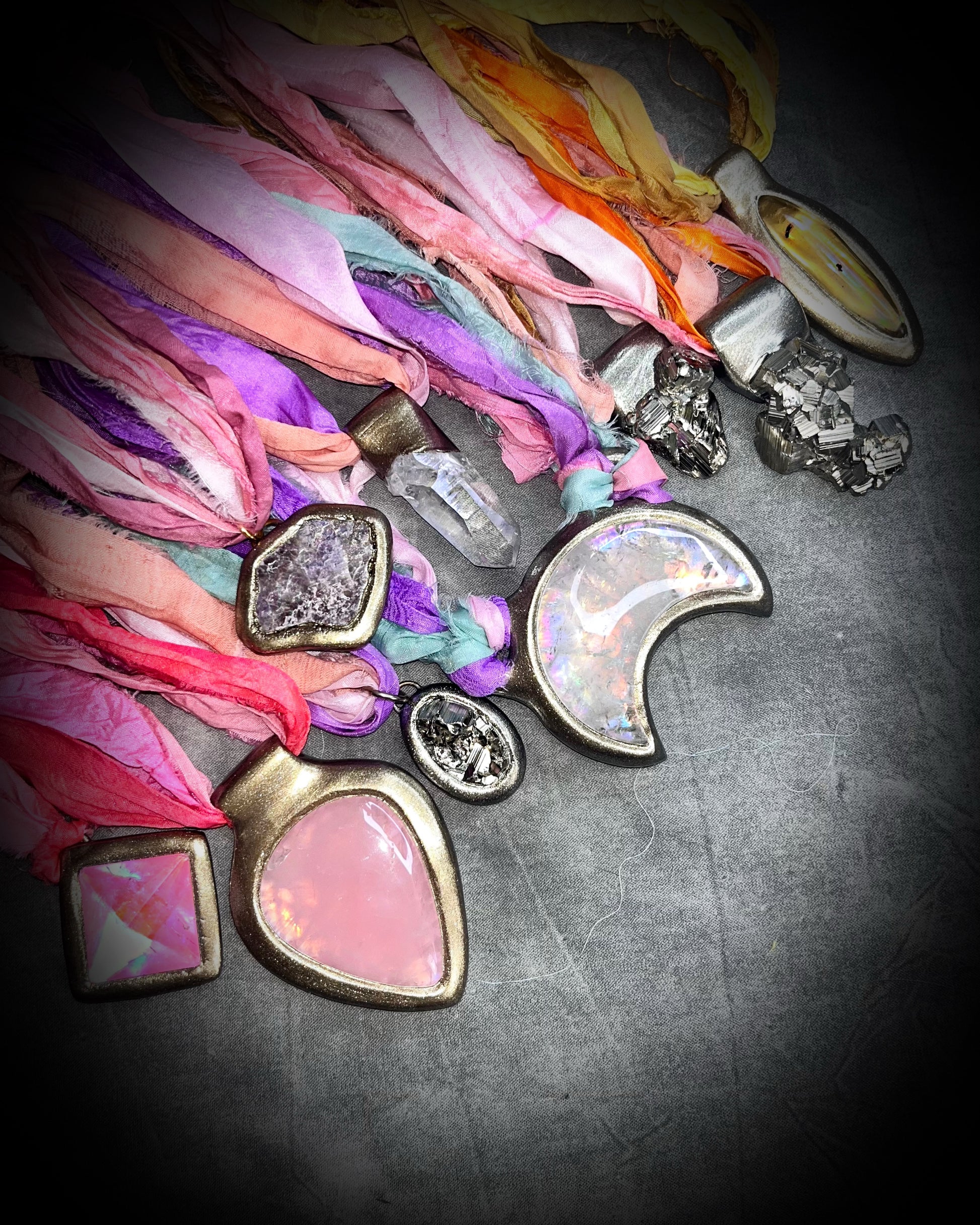 Chunky raw gemstone handmade jewelry for summer 2025 festival season and travel jewelry.  Modern maximalist jewelry.  Recycled silk textile jewelry.