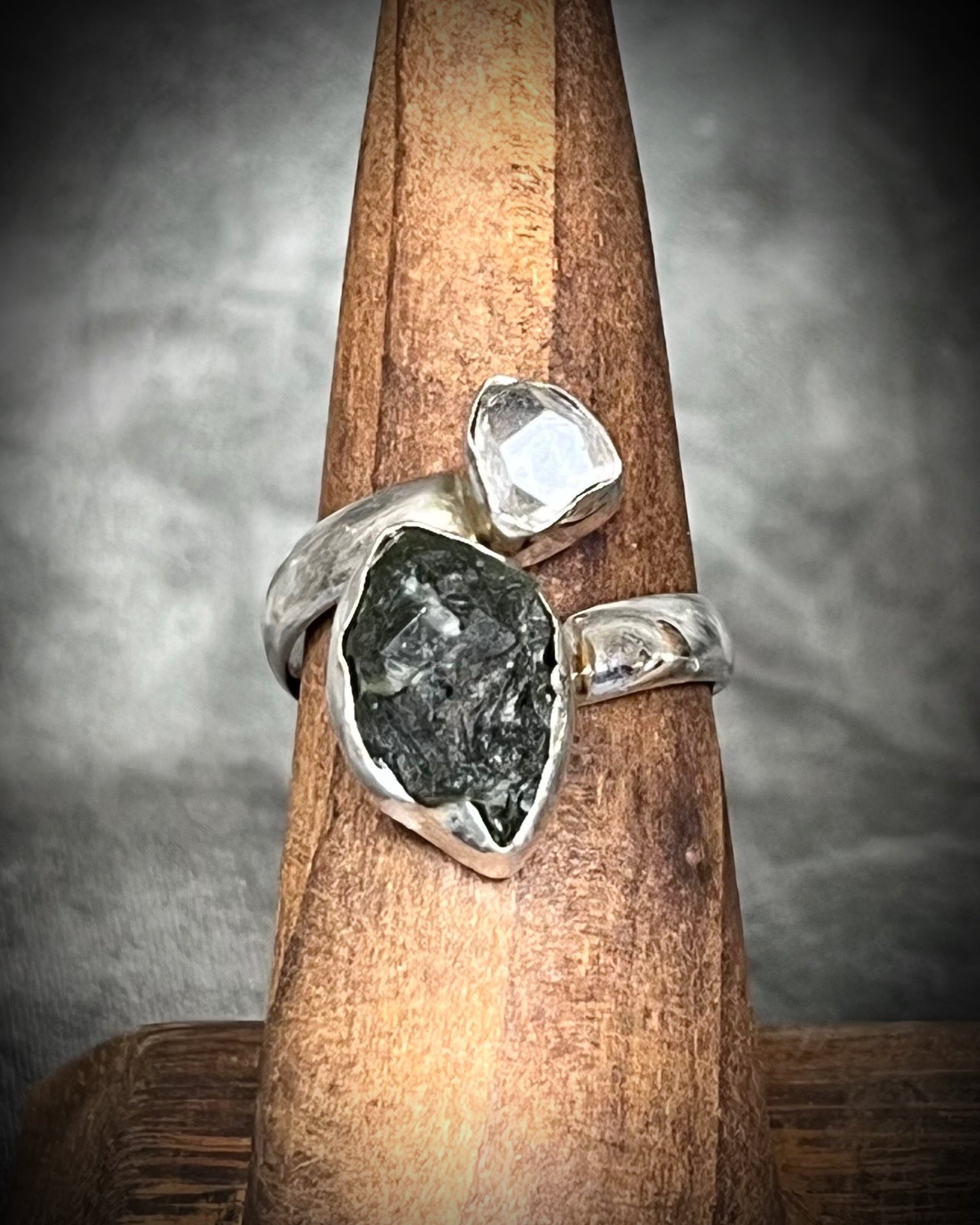 Chunky sterling silver adjustable Moldavite and Herkimer Diamond raw stone rings with natural gemstones, spiritual gift for her.
