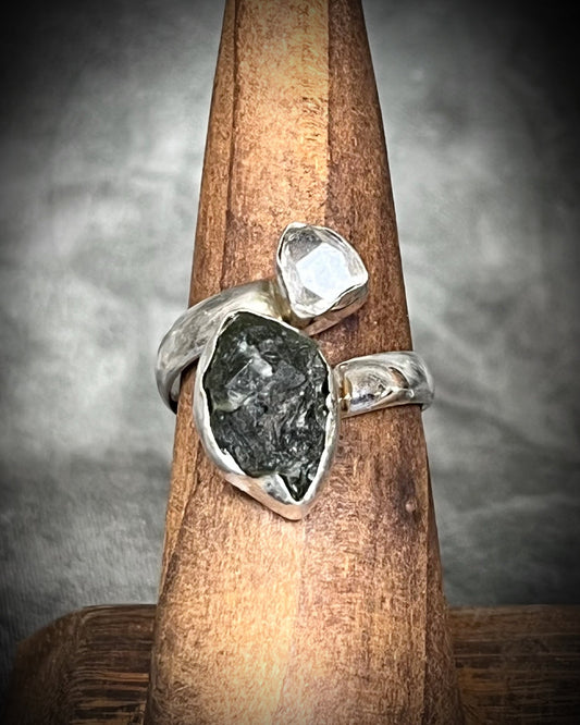 Chunky sterling silver adjustable Moldavite and Herkimer Diamond raw stone rings with natural gemstones, spiritual gift for her.