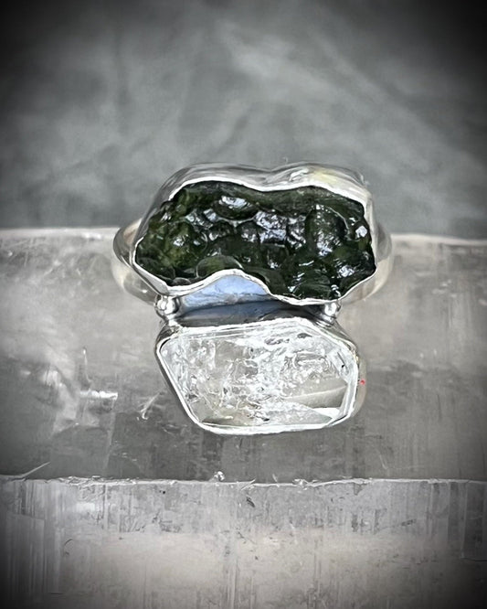 Elegant Chunky Moldavite and Herkimer Diamond sterling silver cocktail rings showcasing natural gemstones, holiday gift for her.