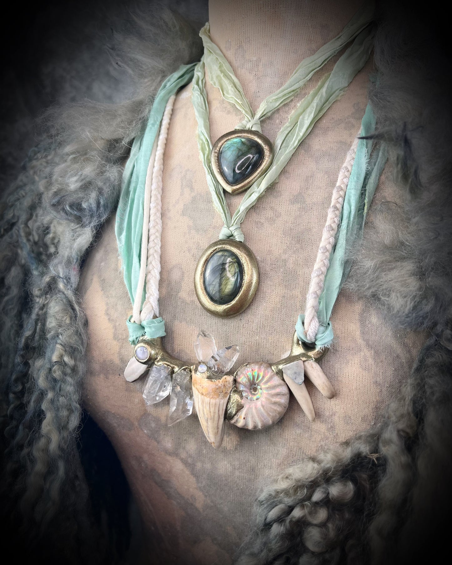 Labradorite crystal healing handmade friendship necklaces or bag charm, recycled silk pendant accessory. Best jewelry for travel or festival, summer jewelry.  