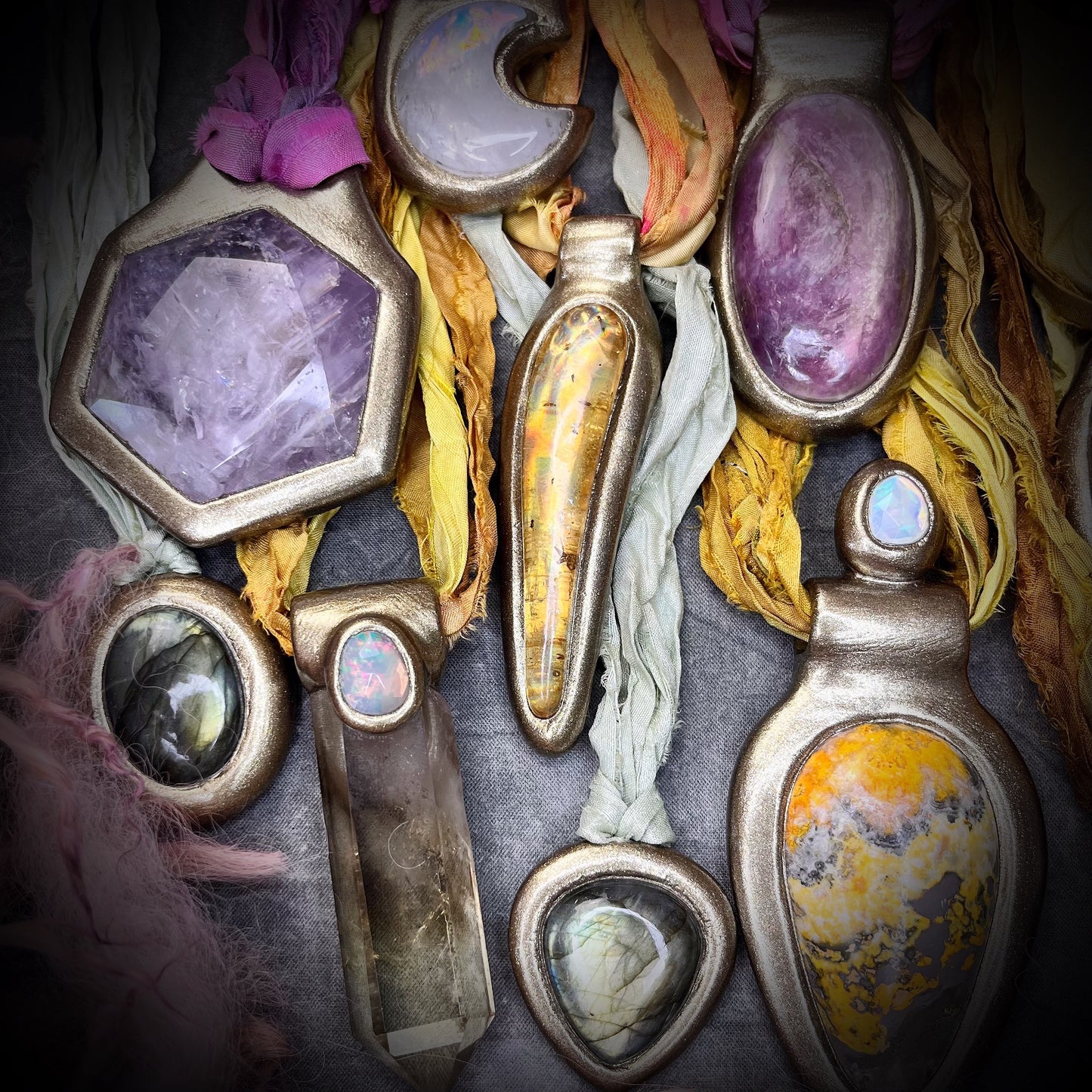 Radiant Crystal Healing quartz handmade moon goddess pendant in gold and opal finish with pink recycled silks!  Reiki Infused Jewelry, Festival, Boho, High Vibe Spiritual Necklace! 