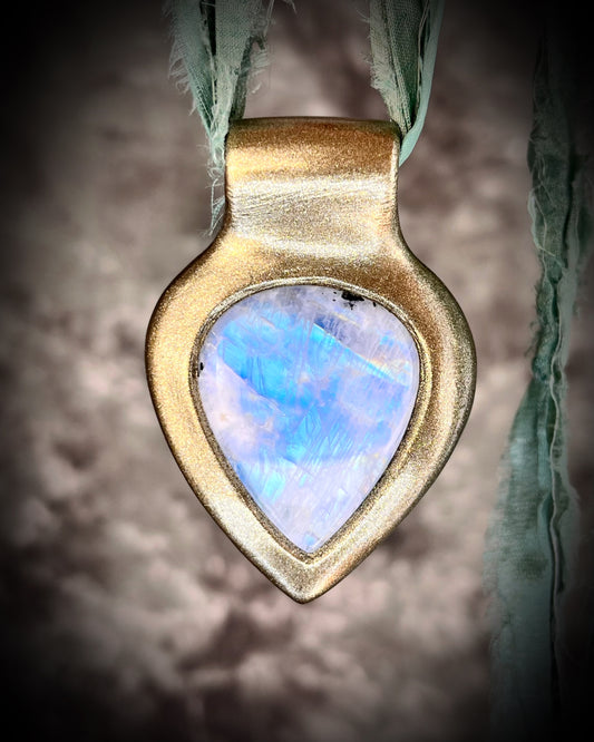 Dreamy handmade rainbow moonstone sculptural necklace in gold, hung from aqua recycled silk for an ethereal boho elegance.  Perfect for summer travel, mothers day gifting, bridal shower gift or everyday magic!