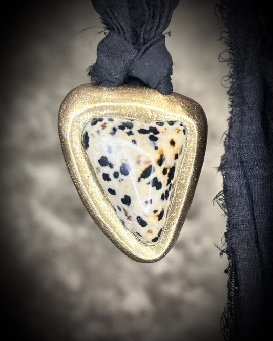 Dalmation Jasper crystal handmade gold necklace on black recycled silk, black and white, fall 2025 pendant gift for her.  