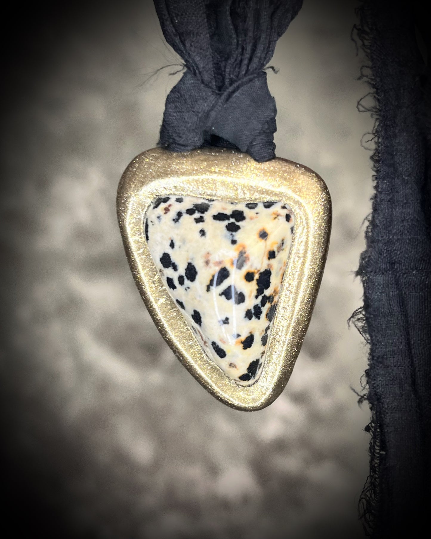 Dalmation Jasper crystal handmade gold necklace on black recycled silk, black and white, fall 2025 pendant gift for her.  