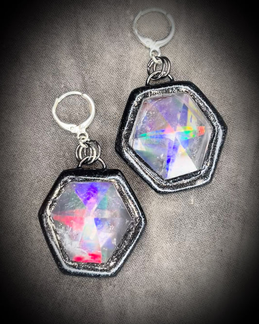 David Bowie inspired glam quartz crystal hexagon earrings with sterling silver plated earring huggie hooks.  Rainbow iridescent 80's rockstar inspired dark crystal earrings.