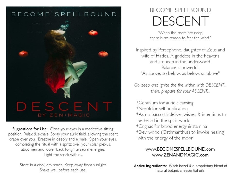 Descent by Zen + Magic product information card with artwork, ingredients and suggested use.