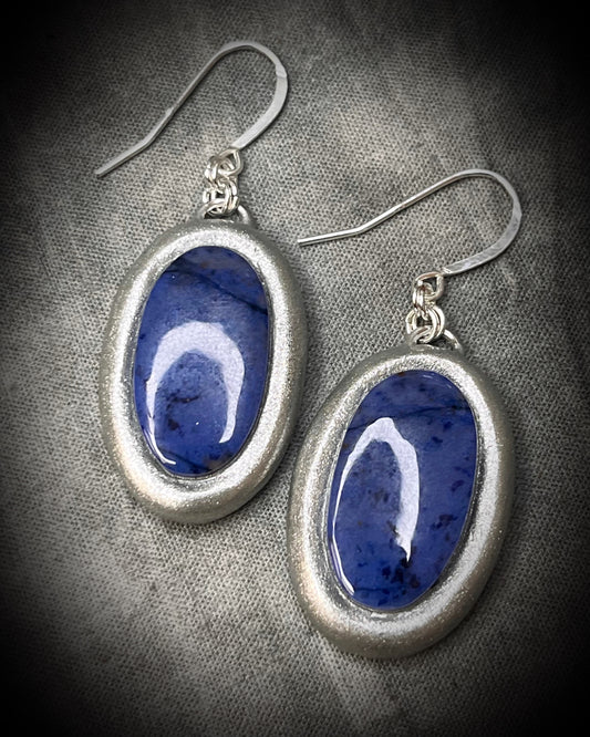 Dumortierite Gemstone Silver Earrings for wisdom and intuition. Deep Blue Crystal Statement Dangles