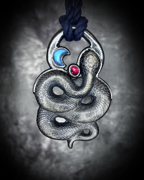 Gold Sheen Obsidian Snake with Labradorite Moon and Gem Garnet Talisman