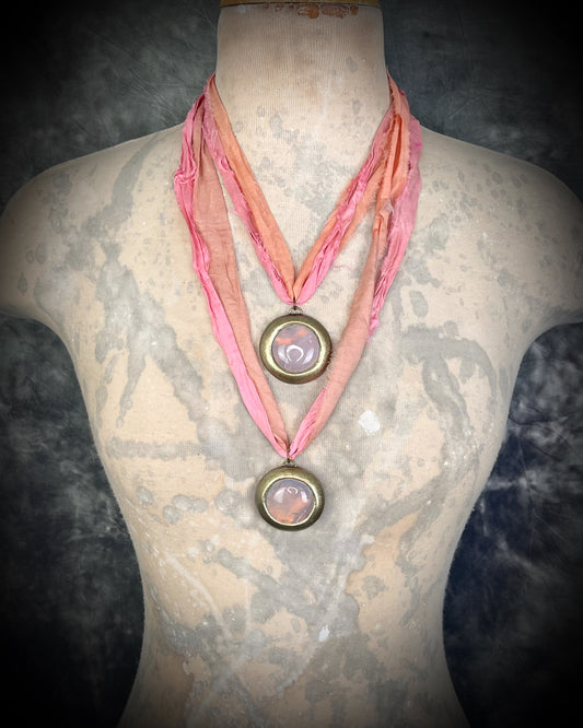 Sustainable Festival Jewelry Rose Quartz handmade crystal healing gemstone gift for her.  Hung from recycled silk, this heart chakra talisman is perfect for bridal shower, pregnancy jewelry, beach photoshoot, summer travel jewelry or everyday magic!