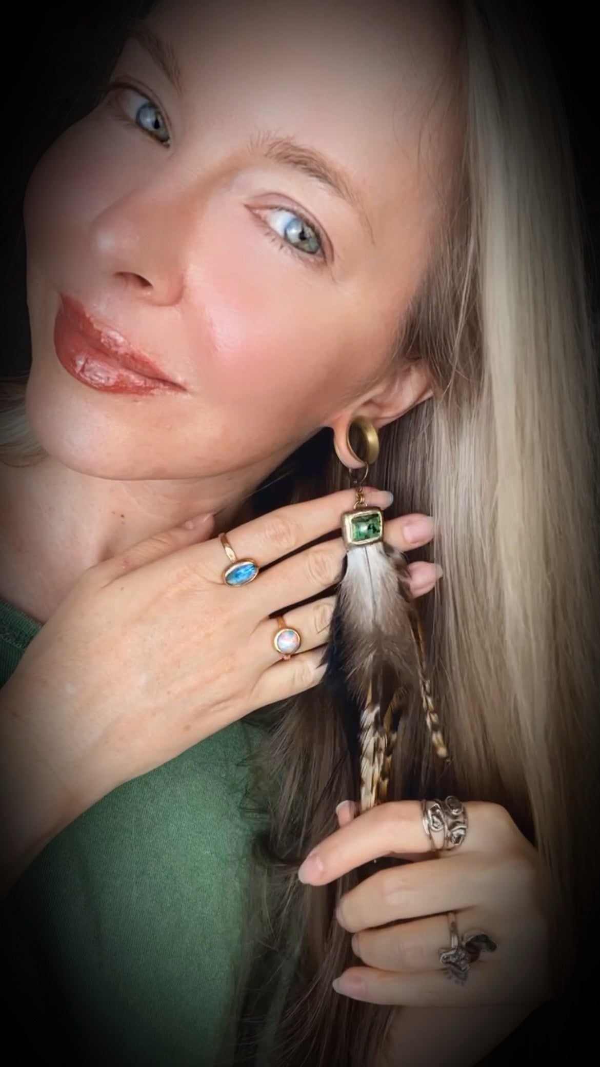 Emerald crystal heart chakra healing boho feather earrings.  Handmade gemstone and feather dangle earrings with ethically sourced elements for festival goddesses!